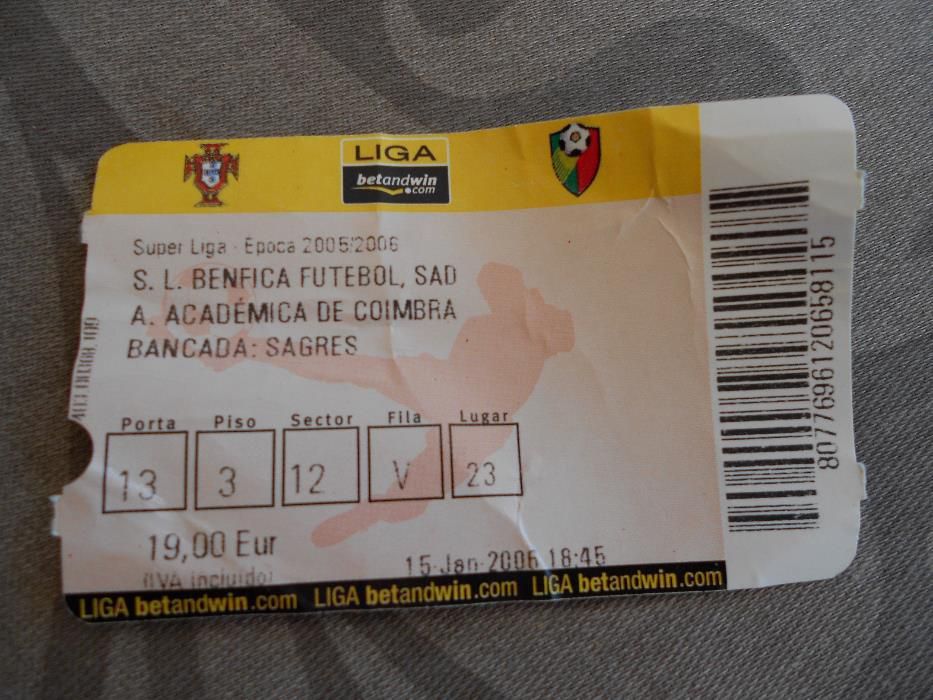 bilhete antigo Benfica