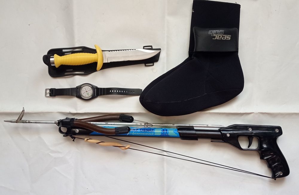 Гидрокостюм,маска,ласты ,подводное ружьё ,трубка.