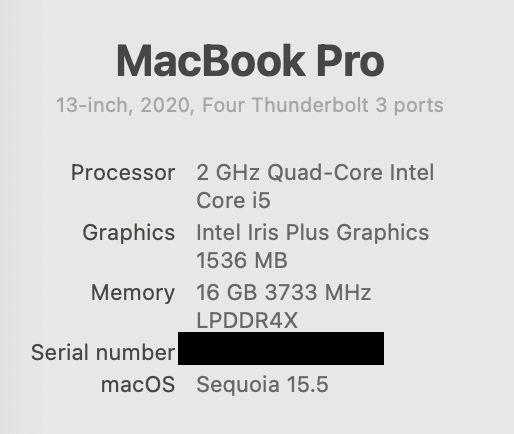 MacBook Pro 13’ 2020 Intel i5 16GB 512GB Space 83%