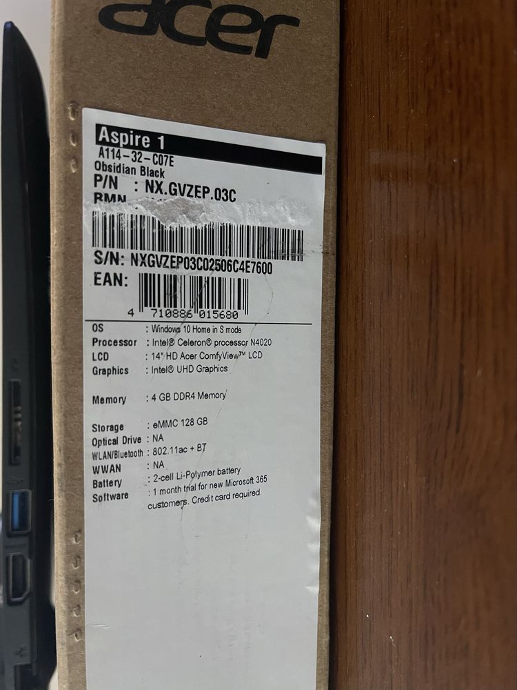 Acer Aspire 1 Intel 4GB DDR4 eMMC 128GB