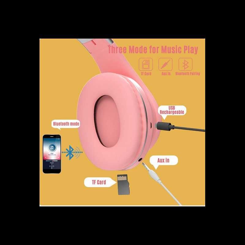 NOWE SŁUCHAWKI Bluetooth Pink Różowe Dzieci KOCIE USZKA + kabel