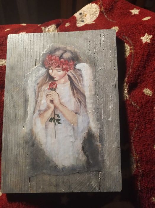 Obrazek anioła z różą 16x21cm na desce