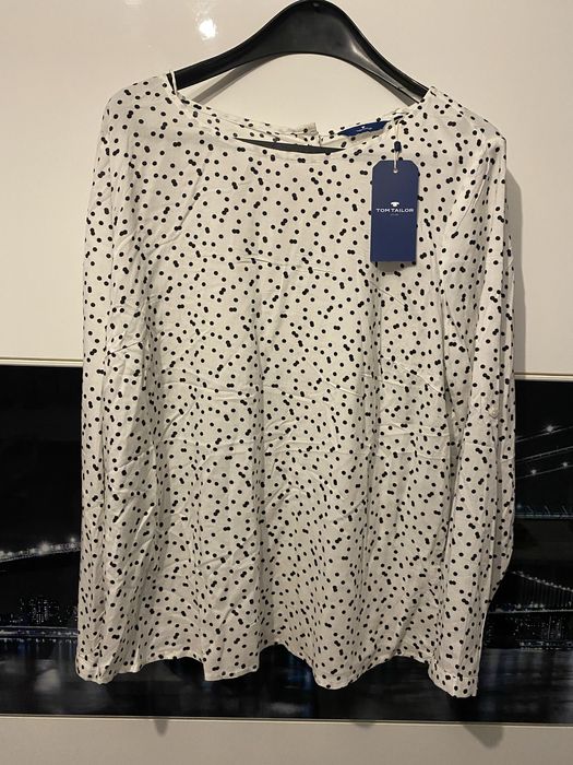 Bluzka z długim rękawem przewiewna klasyk biała w groszki