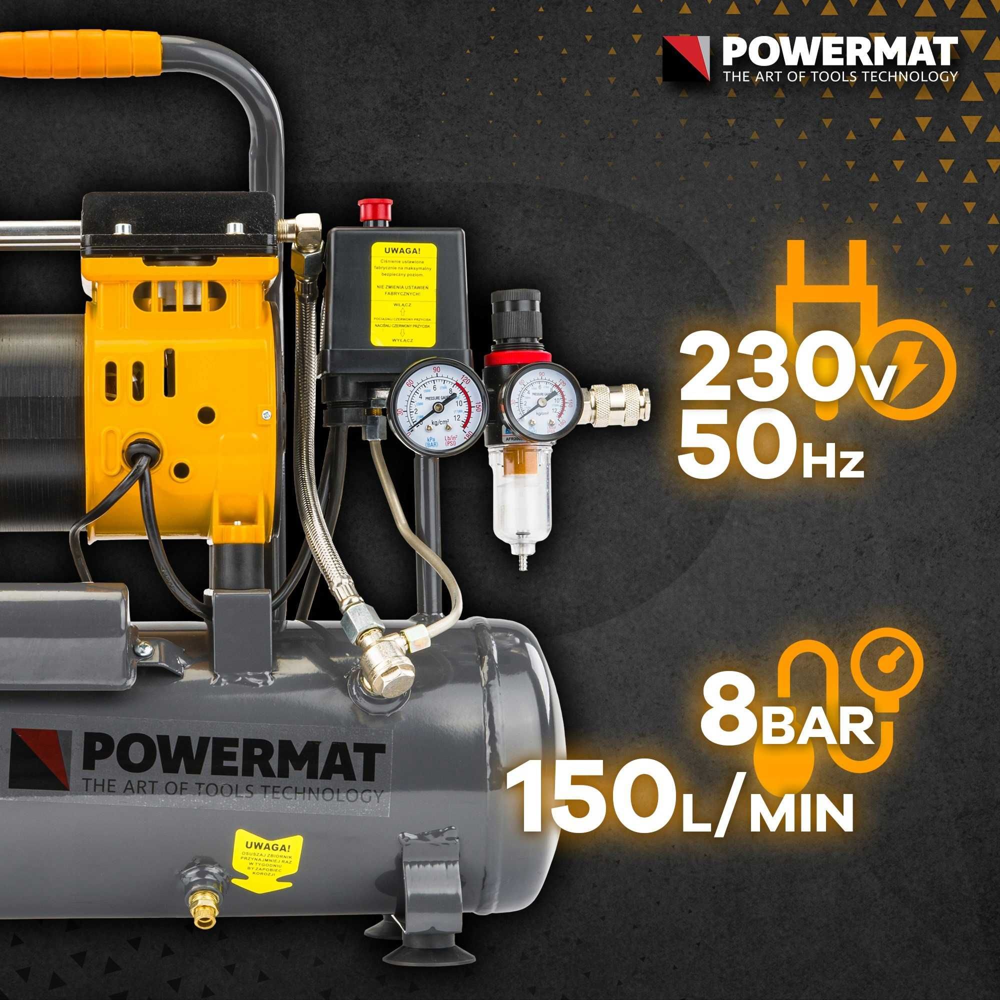 Kompresor bezolejowy 6l sprężarka 8 bar 150l/min 230v cichy 59db
