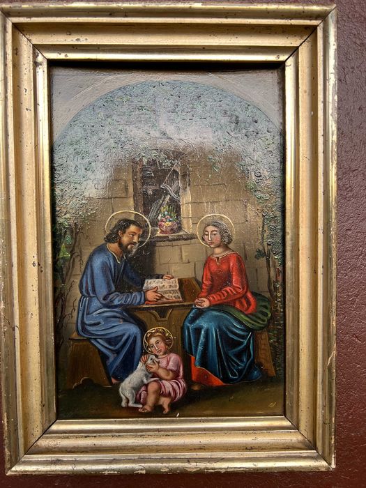 Piękny stary obraz -Swięta Rodzina , olej na blasze, złota rama, XIXw.