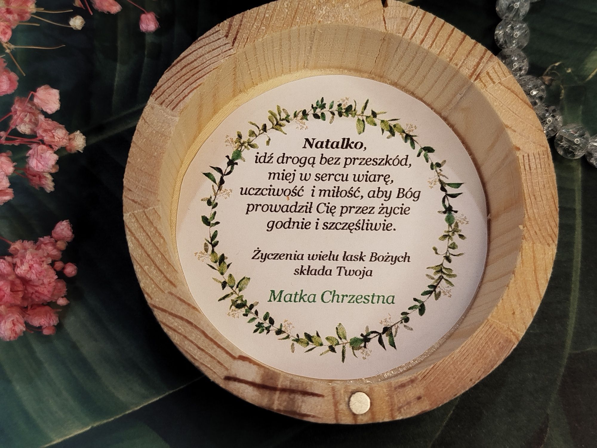 Bransoletka RÓŻANIEC w drewnianym pudełku - spersonalizowana pamiątka