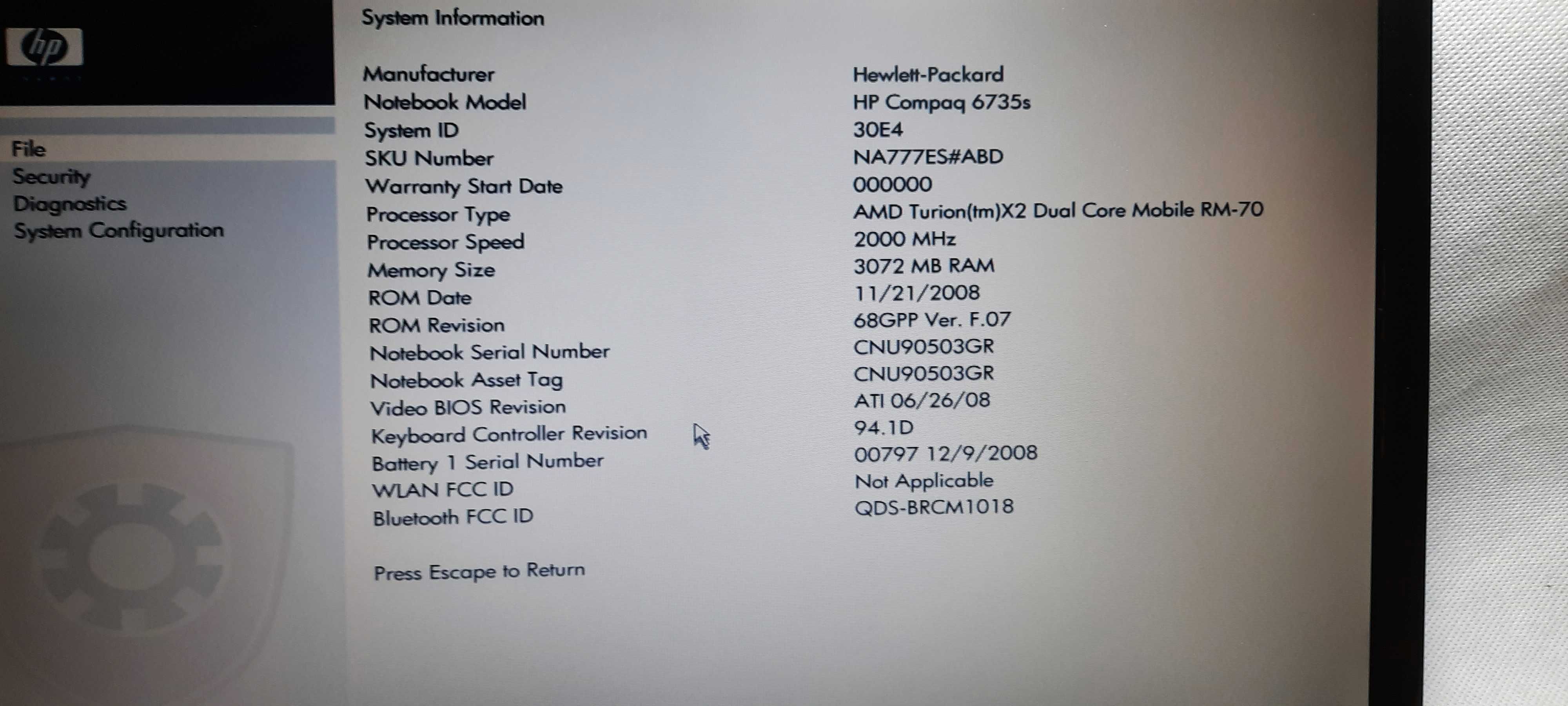 HP Compaq 6735s AMD Turion X2 RM-70 2GHz DDR2 3GB ATI