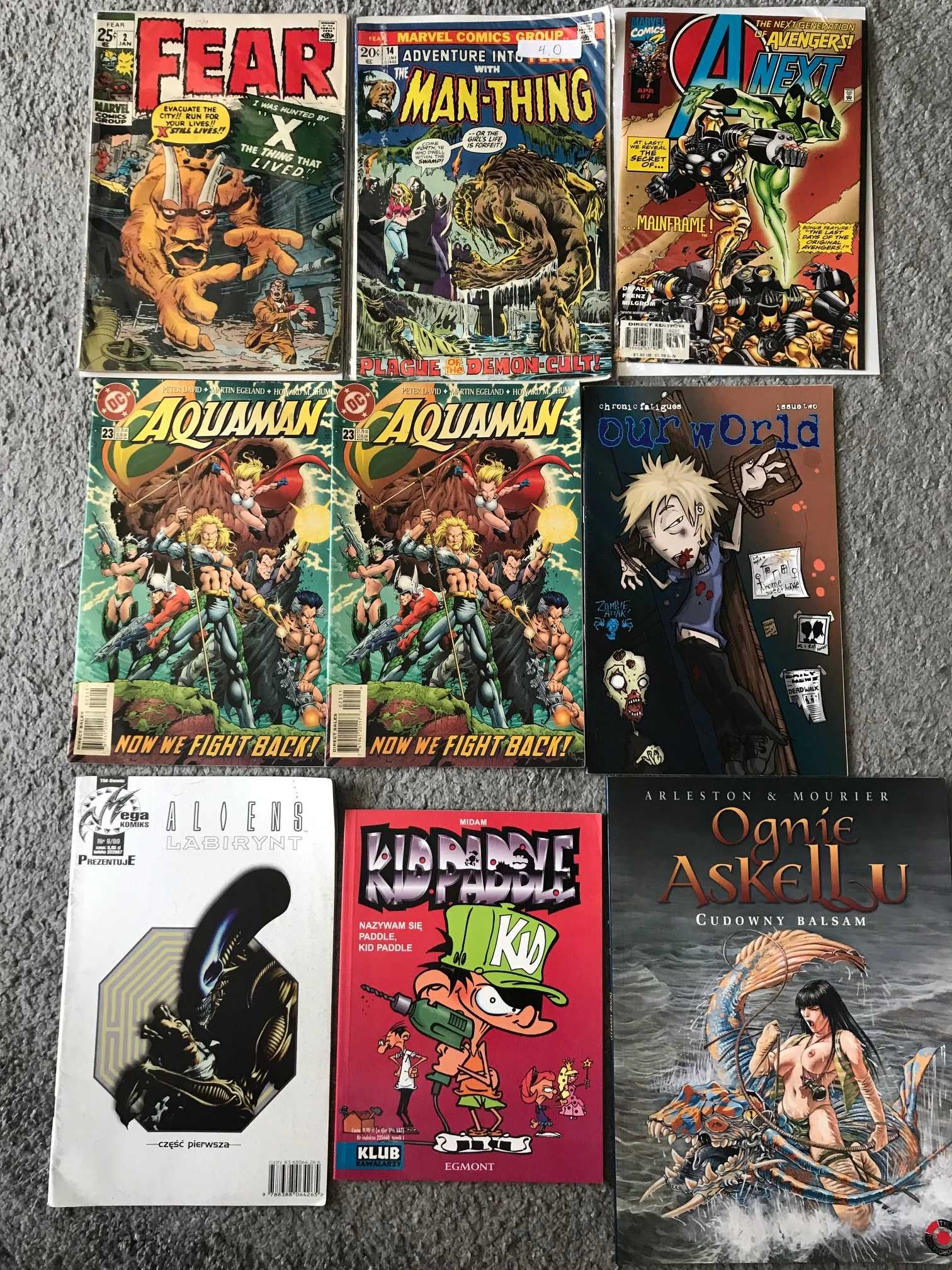 KOMIKSY - 7 sztuk Ognie Askellu, Aquaman, Fear, A-Next, itp.