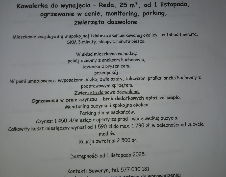 Kawalerka umeblowana Reda