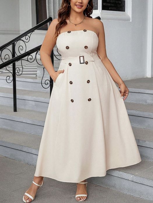 Sukienka Maxi Z Paskiem Odkryte Ramiona Beżowa Casual 4Xl 48