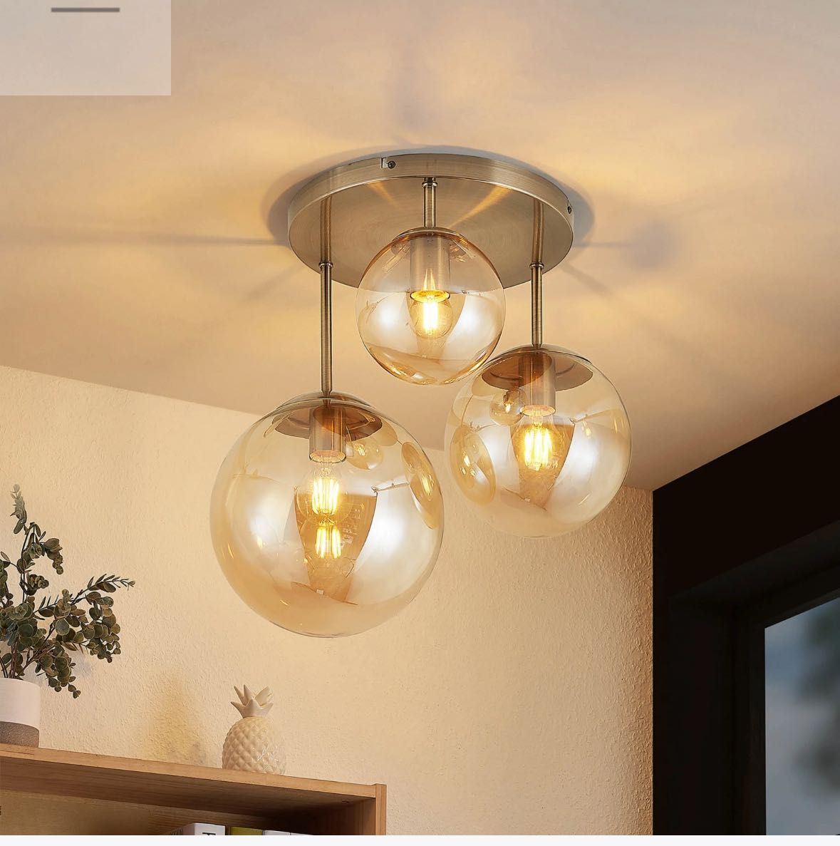 Lampa sufitowa Lindby Teeja, bursztynowa, 3-punktowa, Ø47cm, szkło,