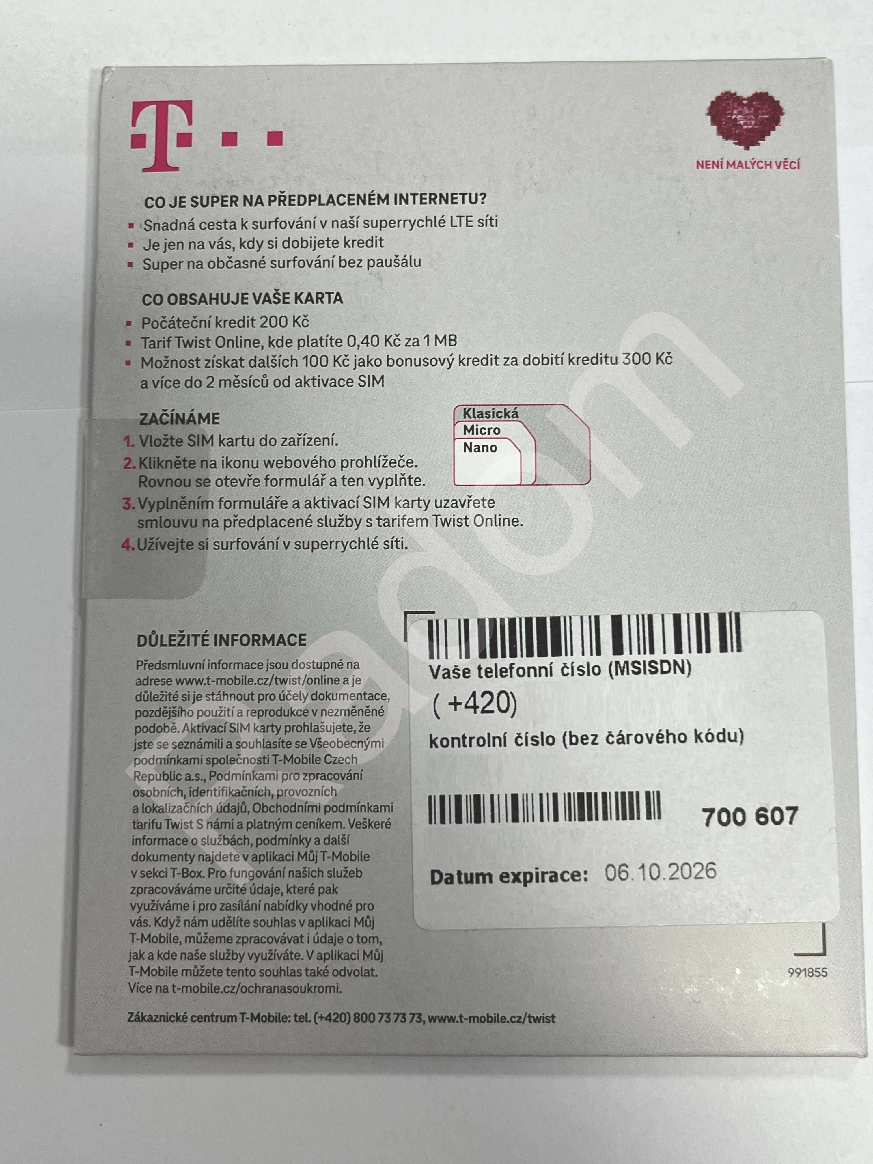 Czechy karta sim internetowa sieci T-mobile z saldem 200kc czeskie