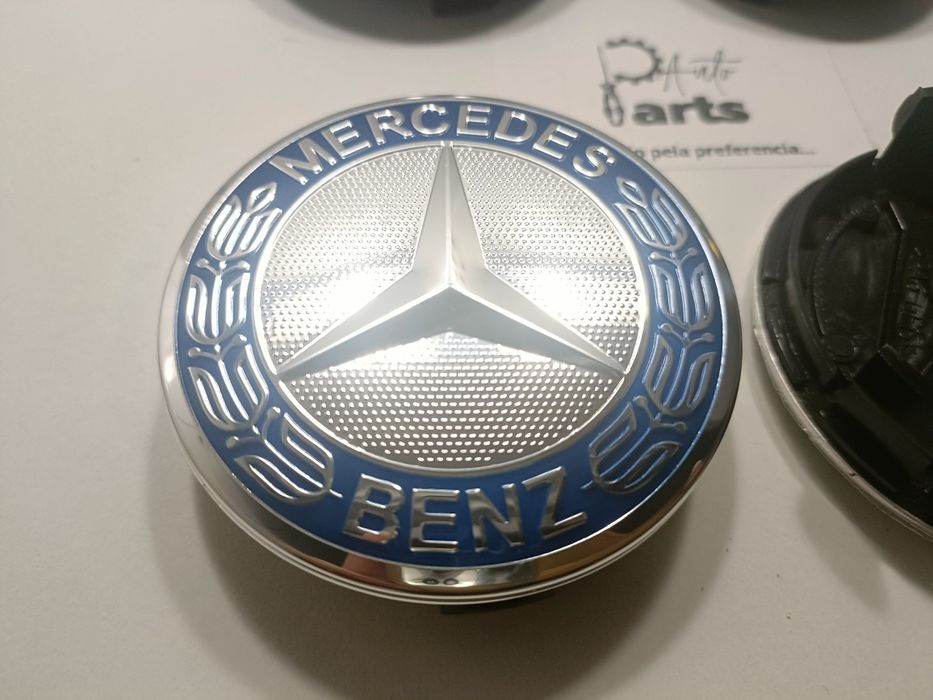 Conjunto 4 Centros jante Mercedes 75mm (Cromado/Azul) 3 pinos