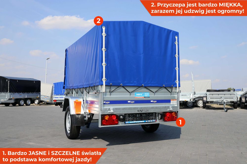 Mocna przyczepa na resorach ŻUK Suski 210 x 125 z plandeką A75S1 NOWA