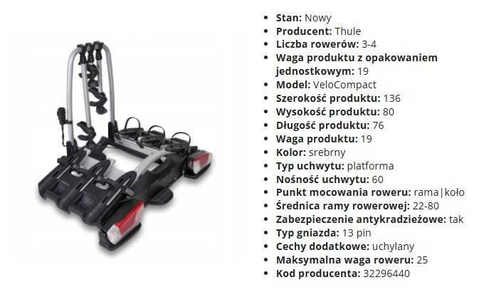 Bagażnik rowerowy na hak TJULE Velocompact 3-4 rowery