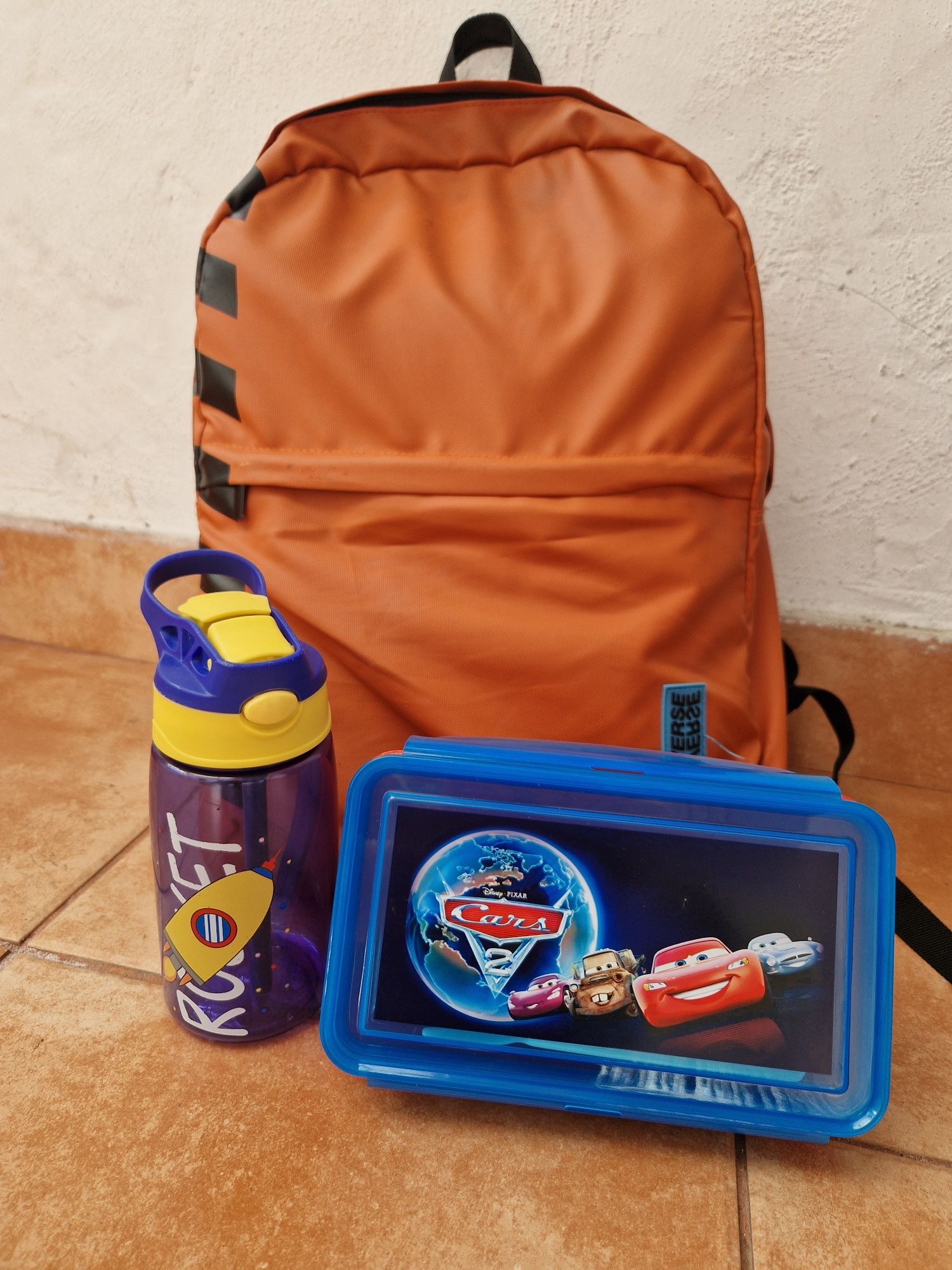 School backpack, water bottle, lunch box