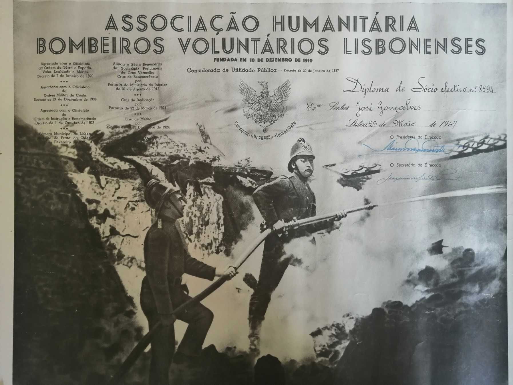 Bombeiros Voluntários Lisbonenses diploma de sócio 1947