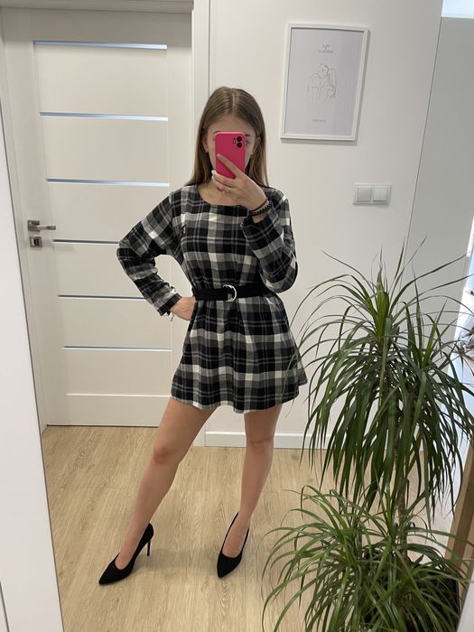 Sukienka mini w kratkę długi rękaw roz. 34