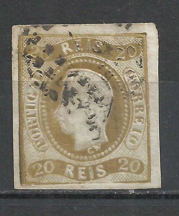 Selos portugueses - 1 selo 20 Reis D. Luís I, não denteado, 1866 –1867