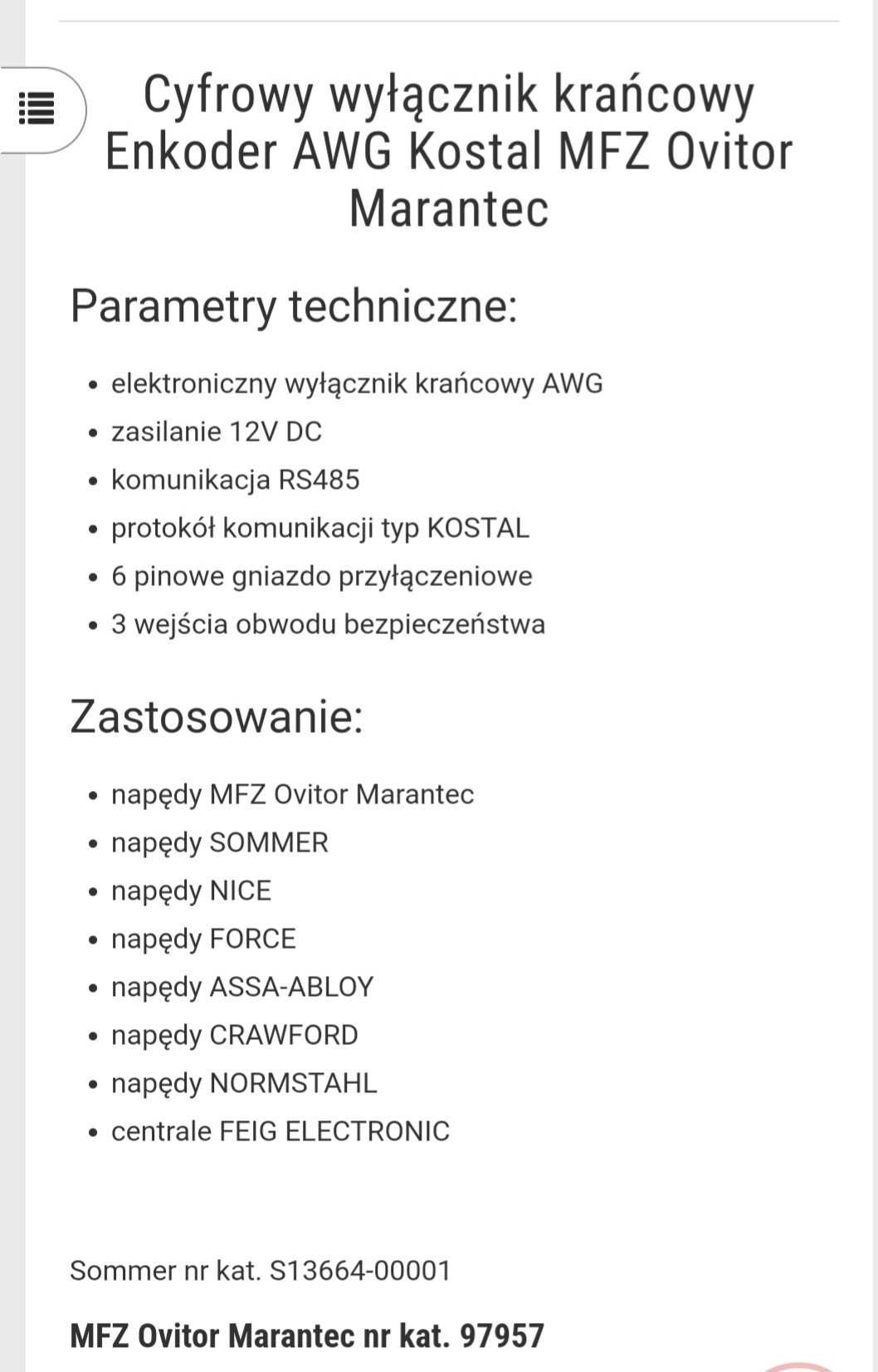 Enkoder AWG Kostal Mfz/Marantec/Proline/Nice/Feig/Assa Abloy/Sommer