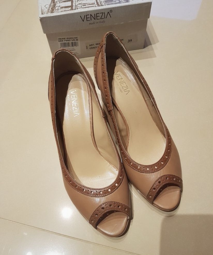 czółenka nowe venezia peep toe brązowe klasyczne retro