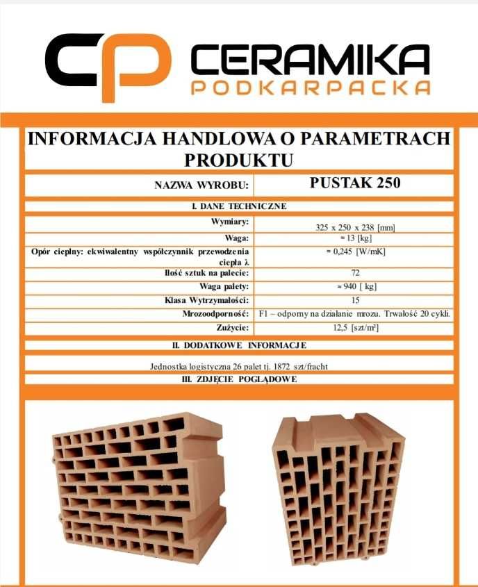 Pustak ceramiczny 25 P+W Cegła Ceramika Podkarpacka 1gat kl15