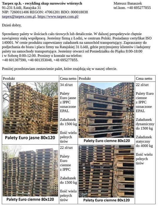 Palety 60x80 13 zł/szt netto