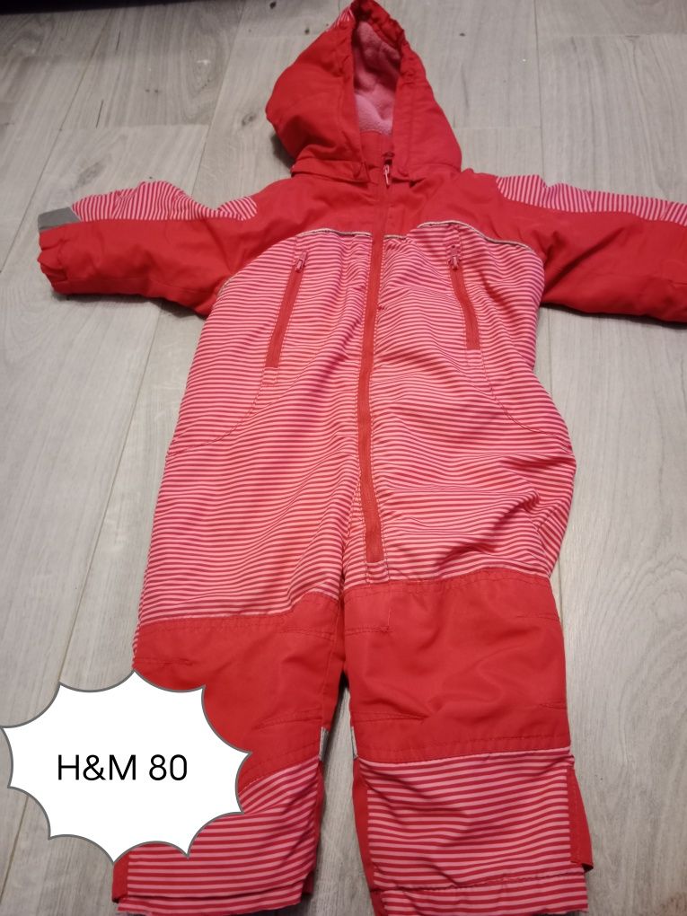 Różowy kombinezon zimowy w paski H&M rozmiar 80