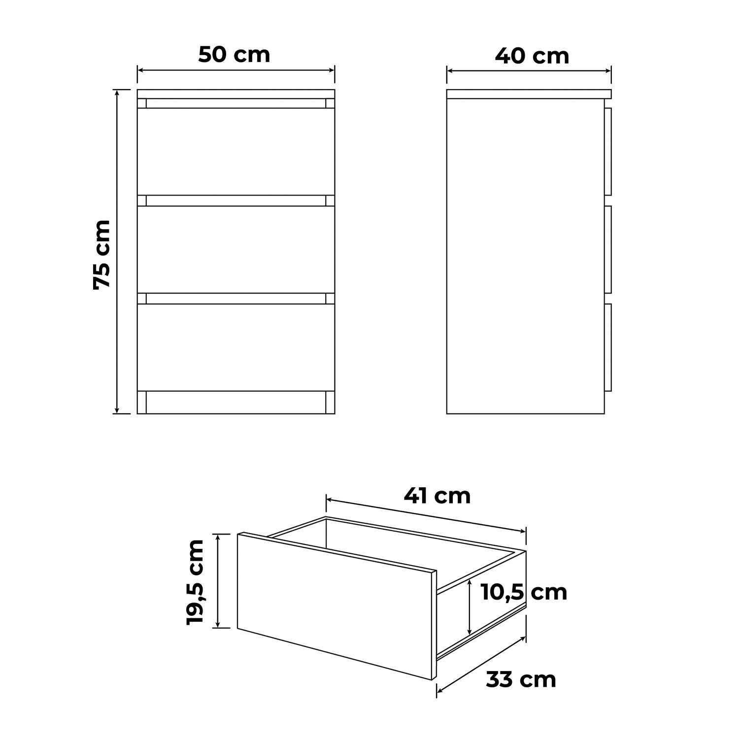 Komoda szafka 50 cm / biała dąb połysk / 3 szuflady / salon sypialnia