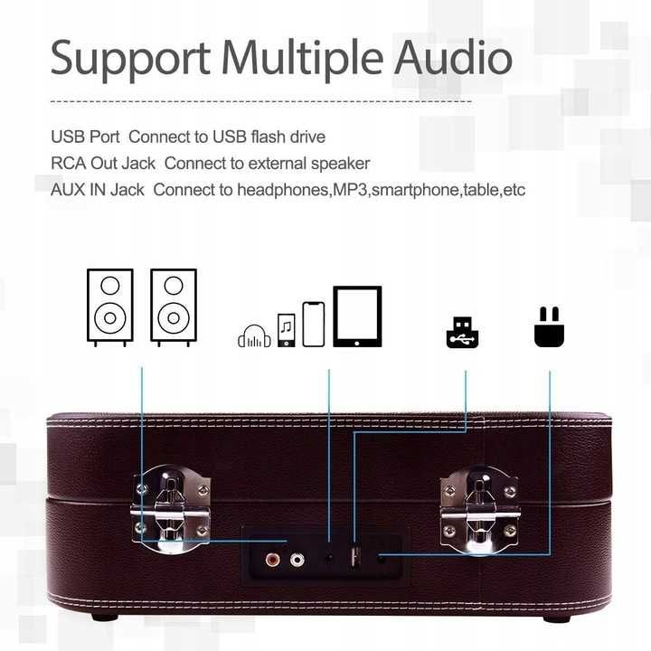 Gramofon Voksun S300 brązowy walizka Bluetooth AUX USB SD