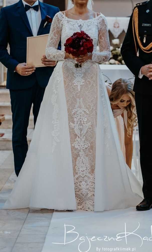 Suknia ślubna z bolerkiem i odpinanym trenem, rozmiar 36