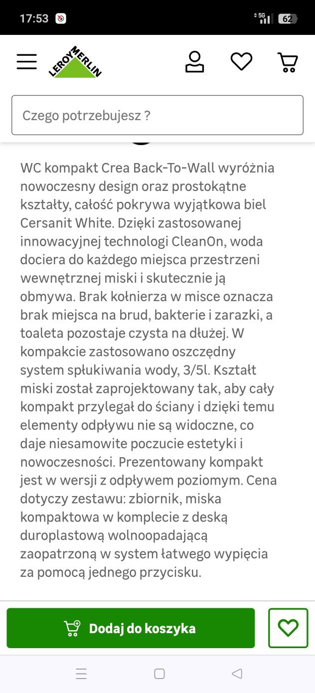 Sprzedam WC kompakt poziom Crea Cersanit