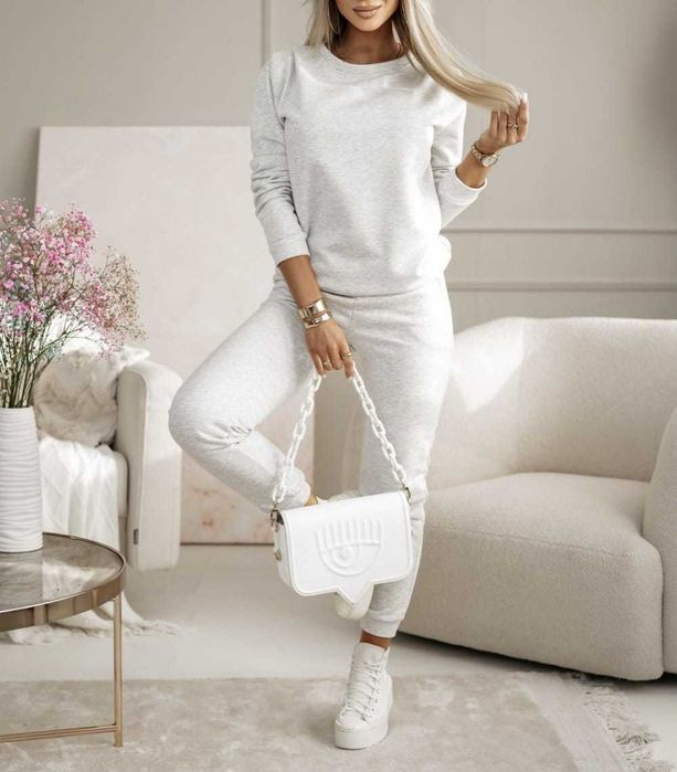 Komplet Dresowy Damski z Marszczeniami Szary Dres spodnie+bluza r.S