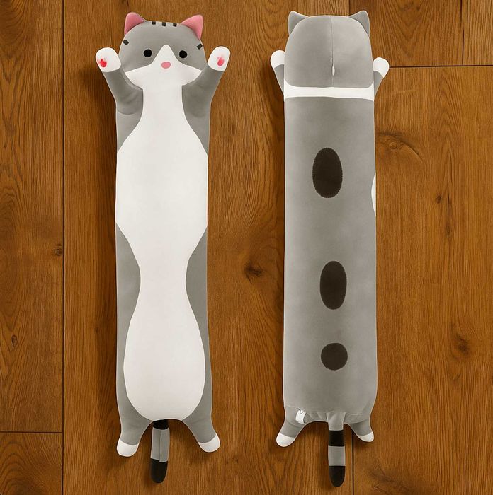 Duża Maskotka Pluszak Długi Kot Lucek 70 CM Szary Biały Na Prezent