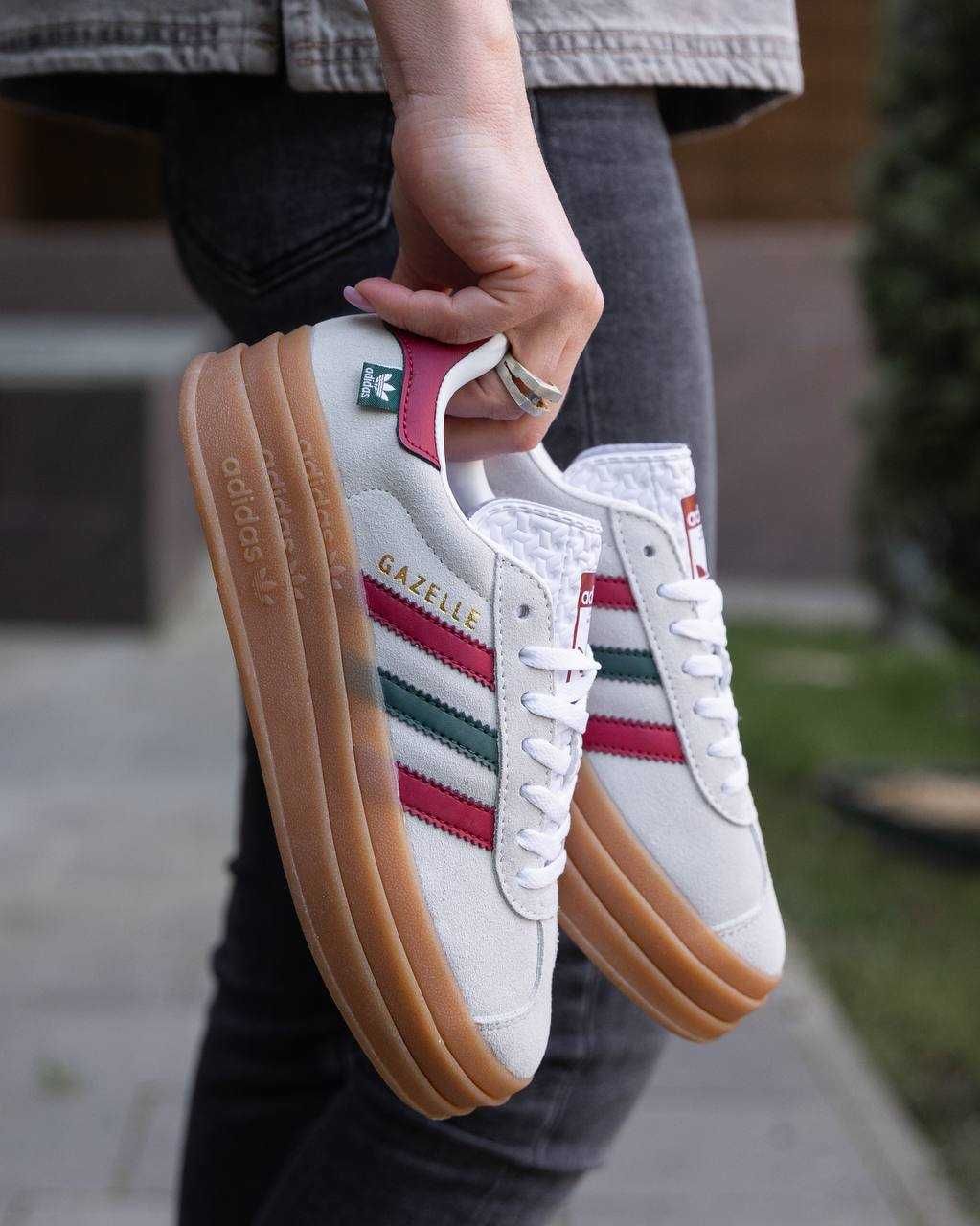 Жіночі кросівки Adidas Gazelle Bold сірий з зеленим червоним AD086 ТОП