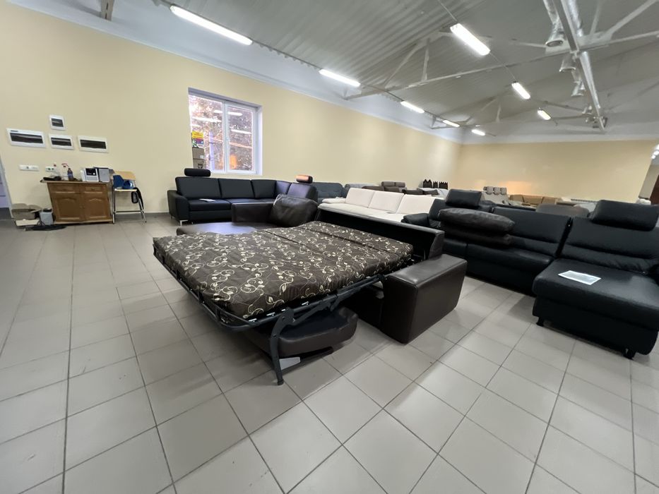 Доставка Диван кутовий шкіряний розкладний з нішею темно коричневий