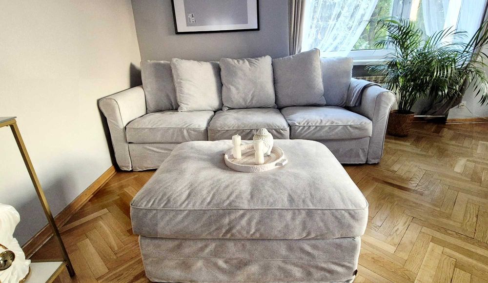 IKEA GRÖNLID sofa + pufa ze schowkiem + 3 komplety pokrowców –jak nowa