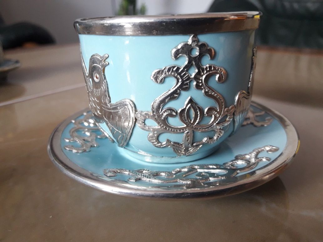 Antyczny zestaw do herbaty srebro ceramika Chiny 1920 r.