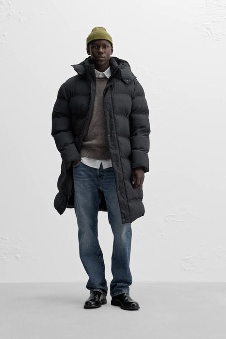 Длинная стеганая мужская черная зимняя куртка Л L long puffer zara