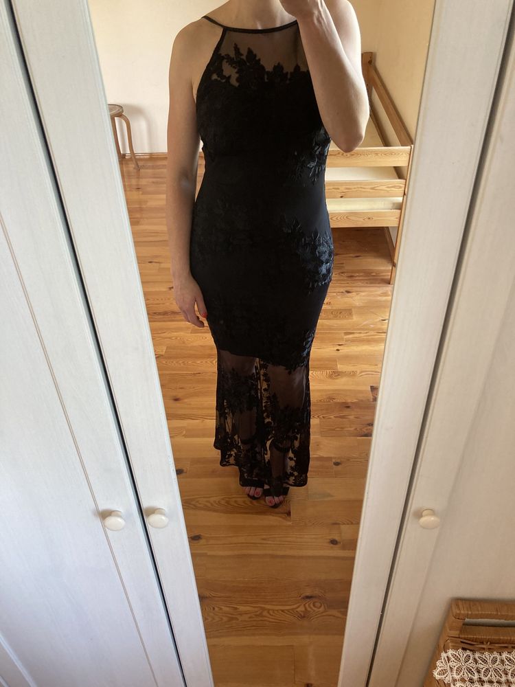 Elegancka haftowana koronkowa długa maxi sukienka