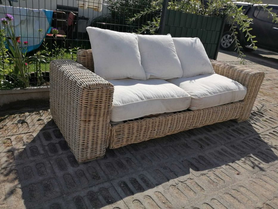 Kanapa Sofa rattanowa naturalny oplot GRUBY poduszki 3 os 210cm szara