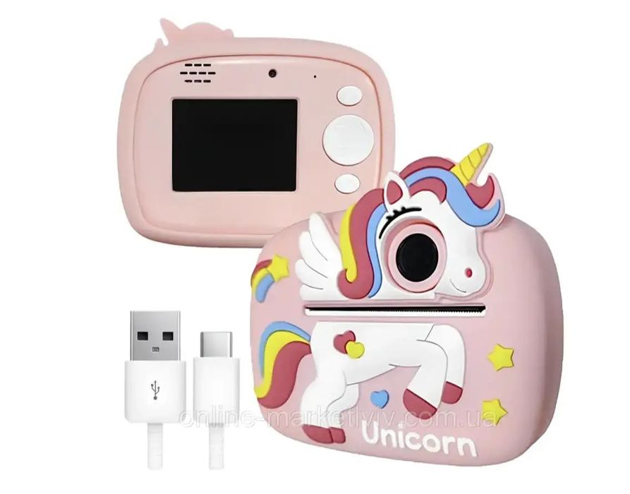 Детский фотоаппарат-принтер с моментальной печатью Единорог с крыльями
