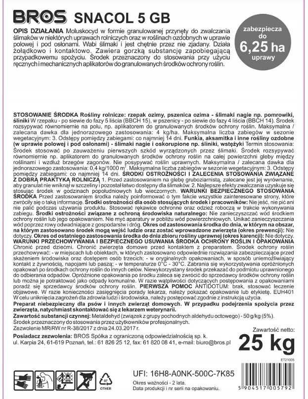SNACOL 5GB na ŚLIMAKI Środek TRUTKA Granulki PREPARAT Bros worek 25 kg