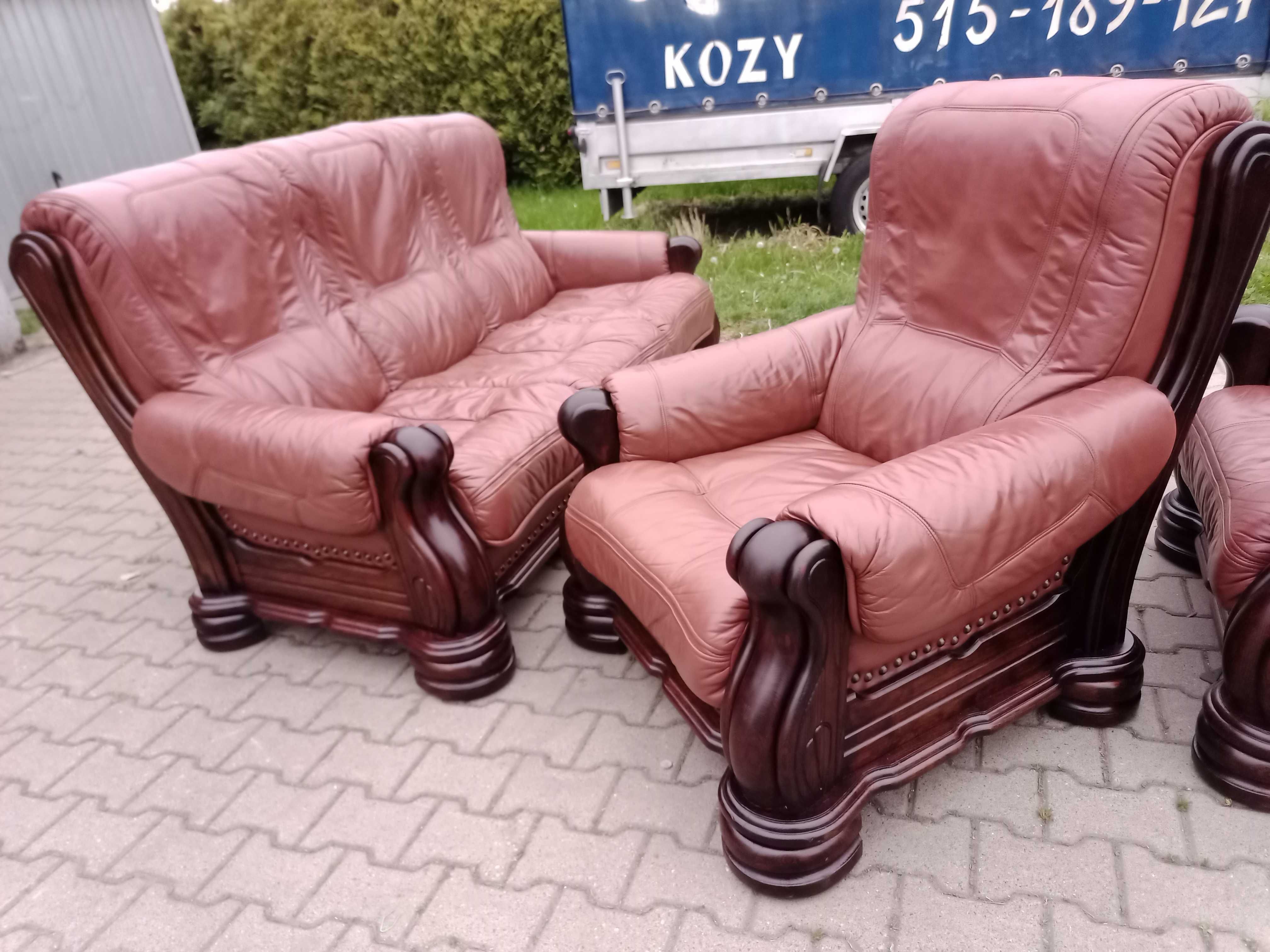 Komplet Wypoczynkowy KLER Bonzo 3+1+1 i Ława , Dąb - Skóra Brąz
