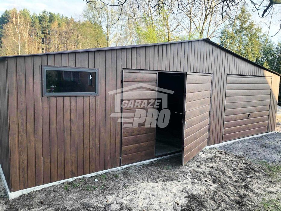 Garaż blaszany 9x6 2x Brama + Drzwi + okno drewnopodobny GP137