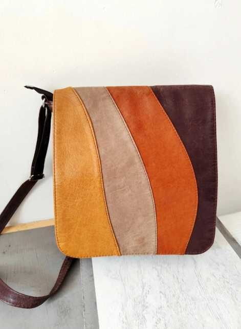 Vintage torba na ramię skóra eko patchwork retro boho oldschool tęcza