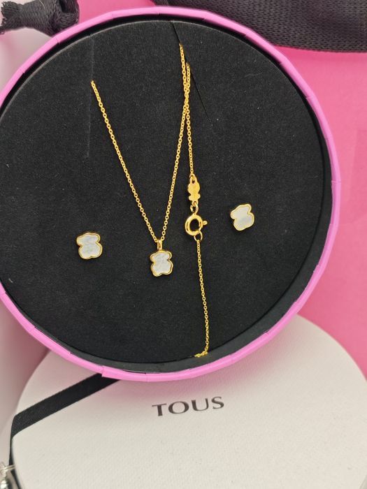 Komplet biżuterii z misiem 7 mm żółte srebro vermeil 925 masa perłowa