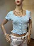 Crop Top Niebieski w Białe Kwiaty Bawełna Na Guziki Rozmiar XS-M boho