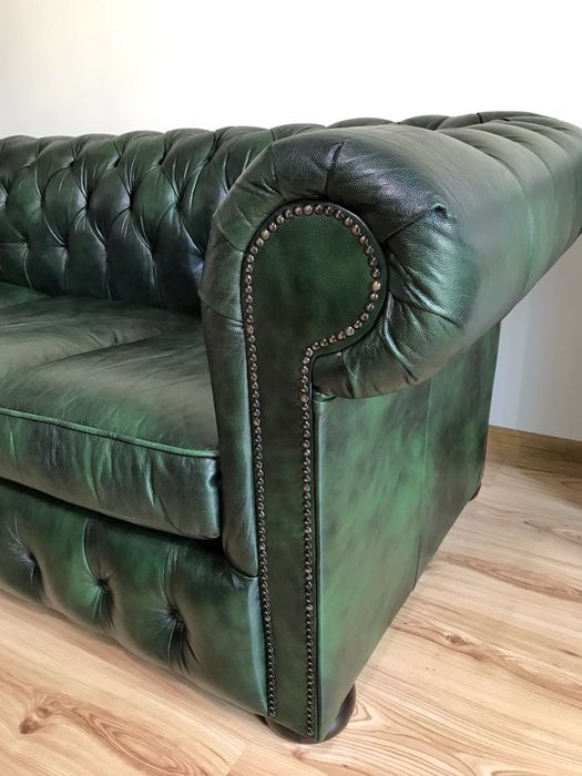 Sofa skórzana chesterfield zielona, skóra naturalna antykowana, 3 os.