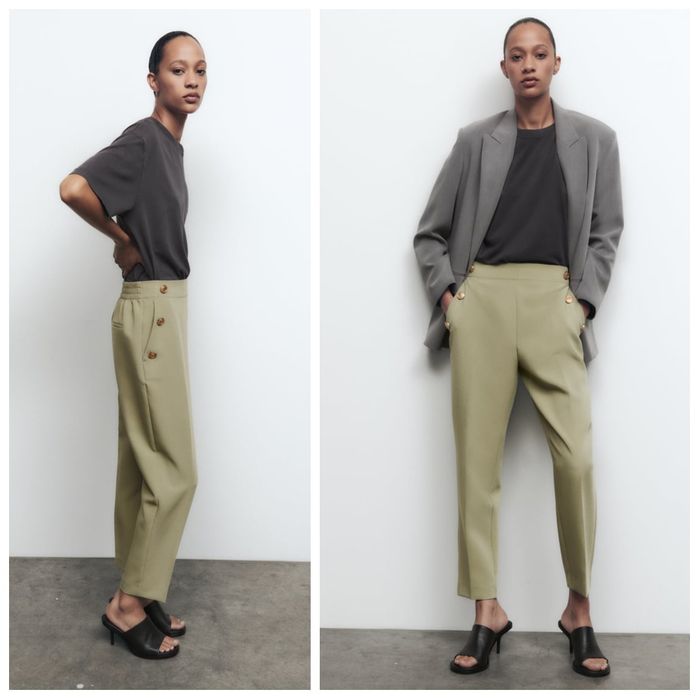 ZARA L-XL spodnie szałwiowa zieleń prosty krój z metalowymi guzikami